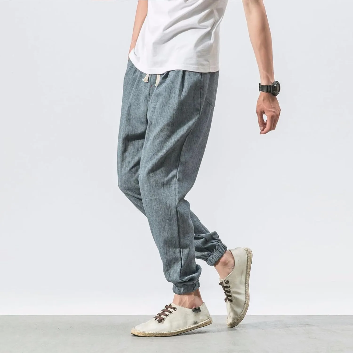 Mens Linen Pants Casual Pants Relaxed-Fit Beach Pants Summer Yoga Pants Soft Elastic Waist Pants