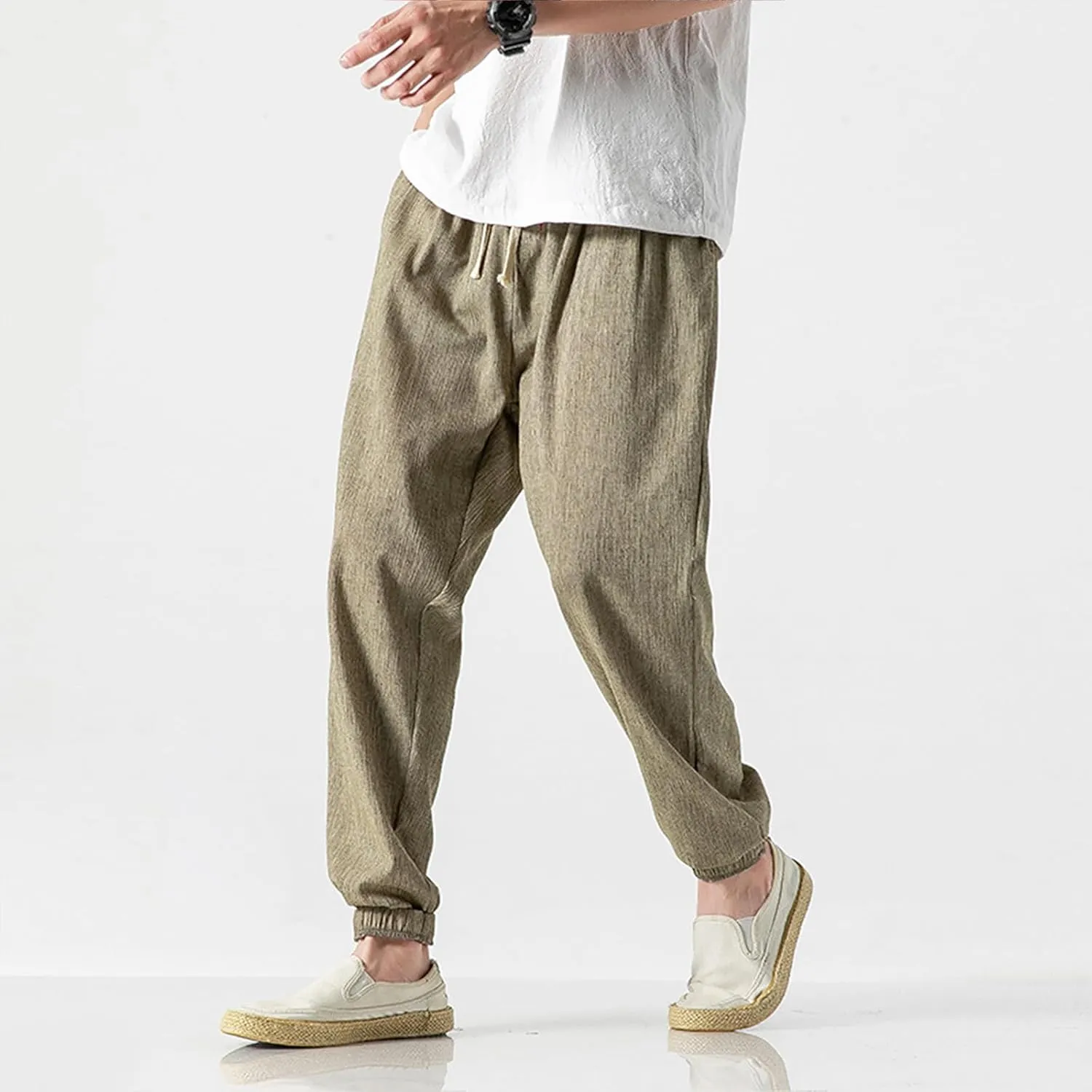 Mens Linen Pants Casual Pants Relaxed-Fit Beach Pants Summer Yoga Pants Soft Elastic Waist Pants