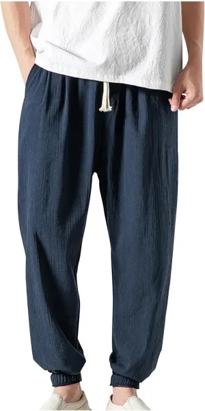 Mens Linen Pants Casual Pants Relaxed-Fit Beach Pants Summer Yoga Pants Soft Elastic Waist Pants