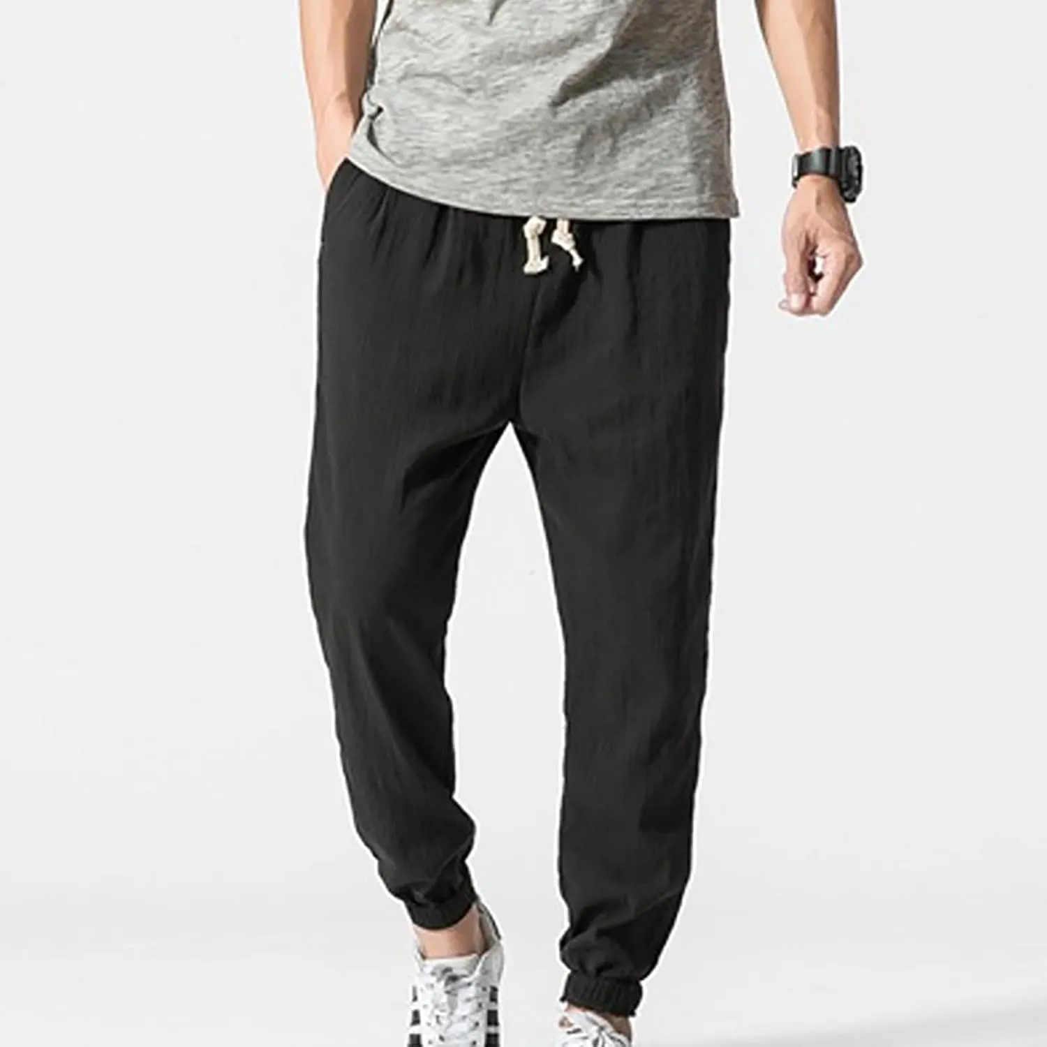 Mens Linen Pants Casual Pants Relaxed-Fit Beach Pants Summer Yoga Pants Soft Elastic Waist Pants