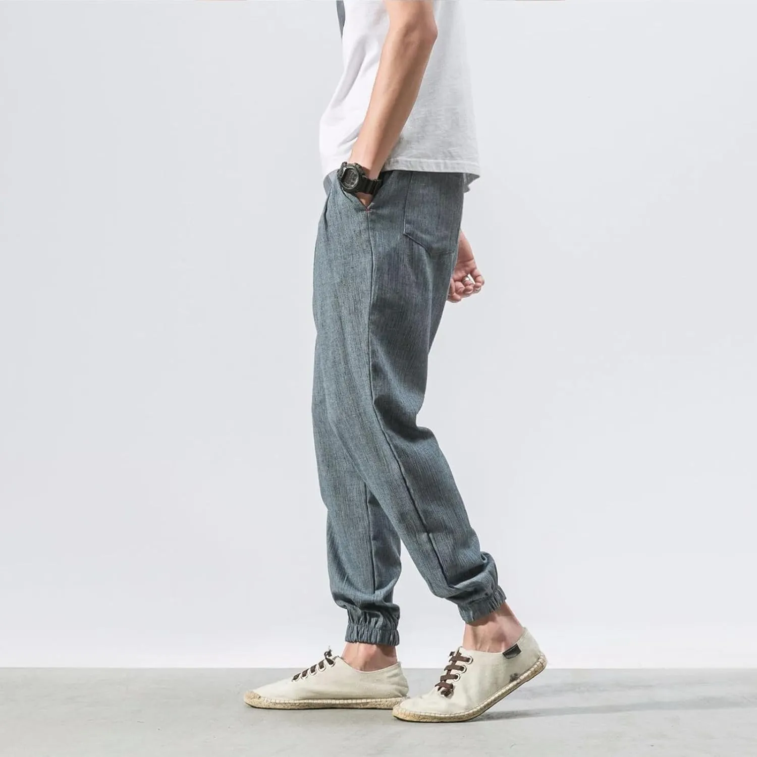 Mens Linen Pants Casual Pants Relaxed-Fit Beach Pants Summer Yoga Pants Soft Elastic Waist Pants