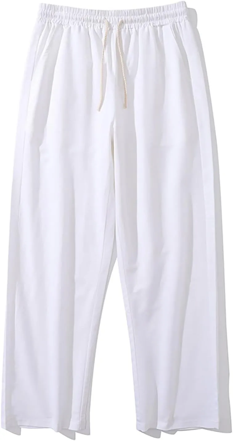 Men's Linen Pants Casual Pants Relaxed-Fit Beach Pants Summer Yoga Pants Soft Elastic Waist Pants