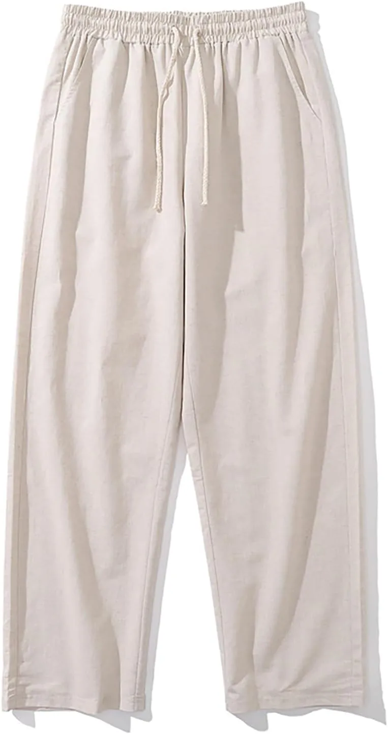 Men's Linen Pants Casual Pants Relaxed-Fit Beach Pants Summer Yoga Pants Soft Elastic Waist Pants