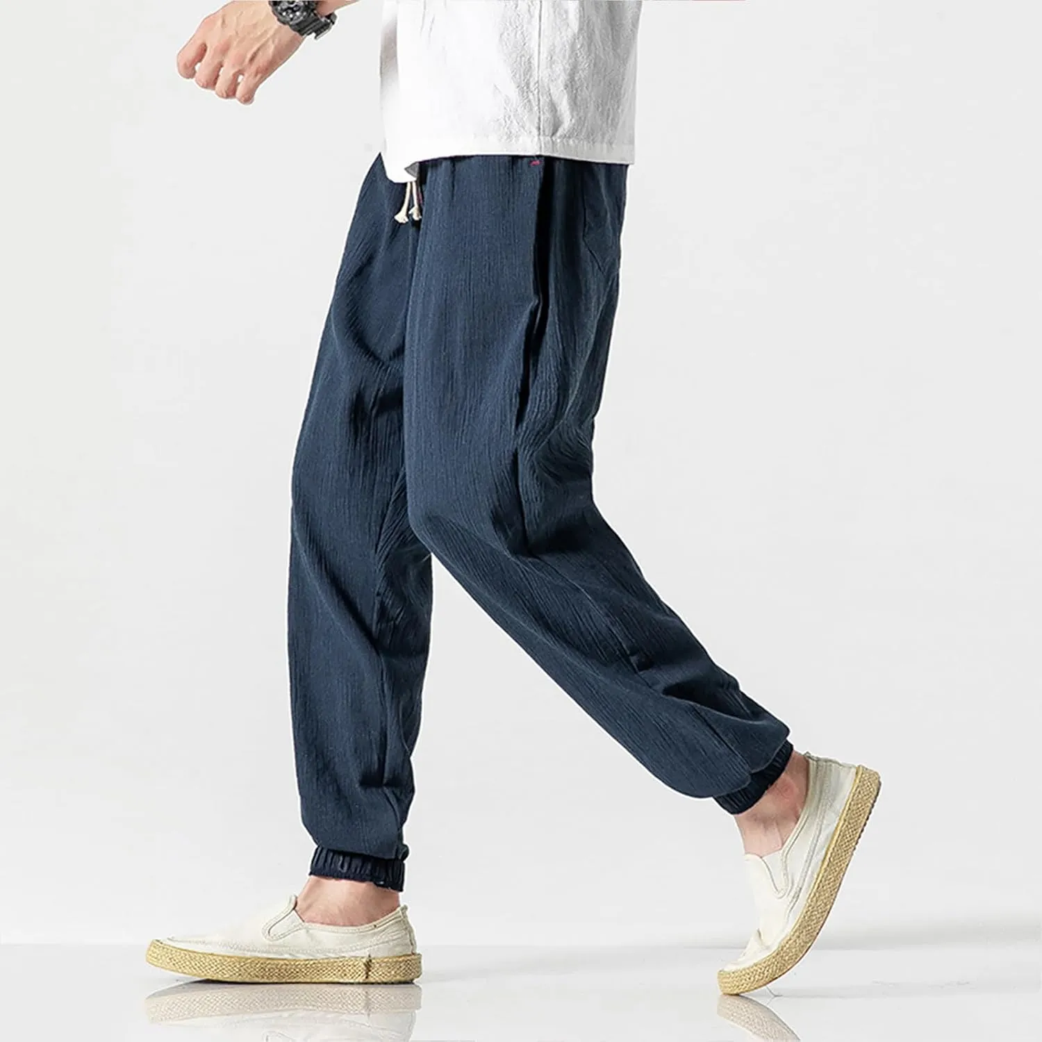Mens Linen Pants Casual Pants Relaxed-Fit Beach Pants Summer Yoga Pants Soft Elastic Waist Pants
