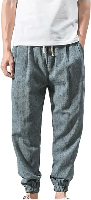 Mens Linen Pants Casual Pants Relaxed-Fit Beach Pants Summer Yoga Pants Soft Elastic Waist Pants