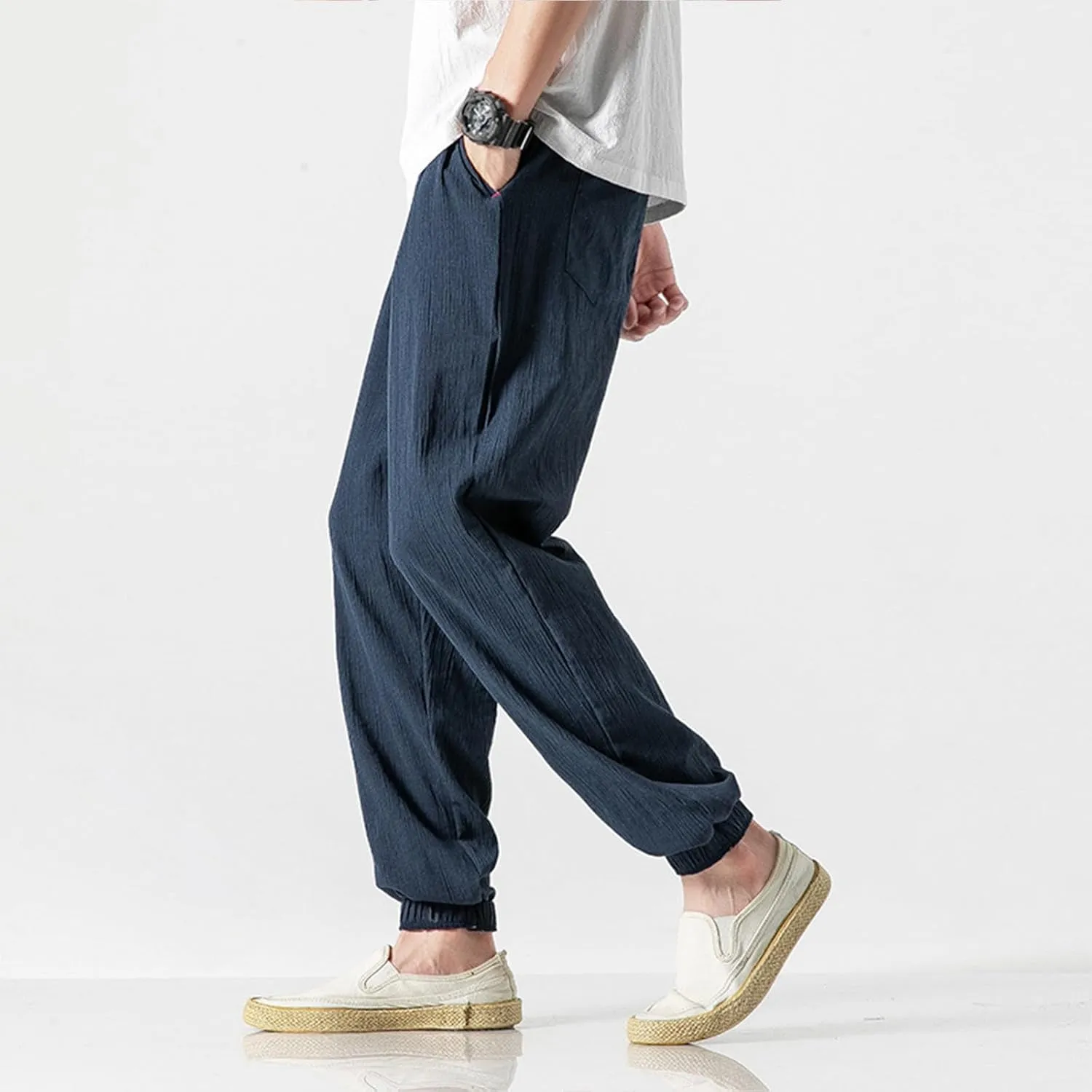 Mens Linen Pants Casual Pants Relaxed-Fit Beach Pants Summer Yoga Pants Soft Elastic Waist Pants