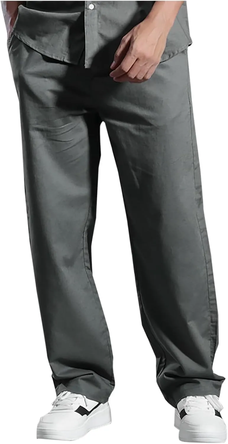 Men's Linen Pants Casual Pants Relaxed-Fit Beach Pants Summer Yoga Pants Soft Elastic Waist Pants