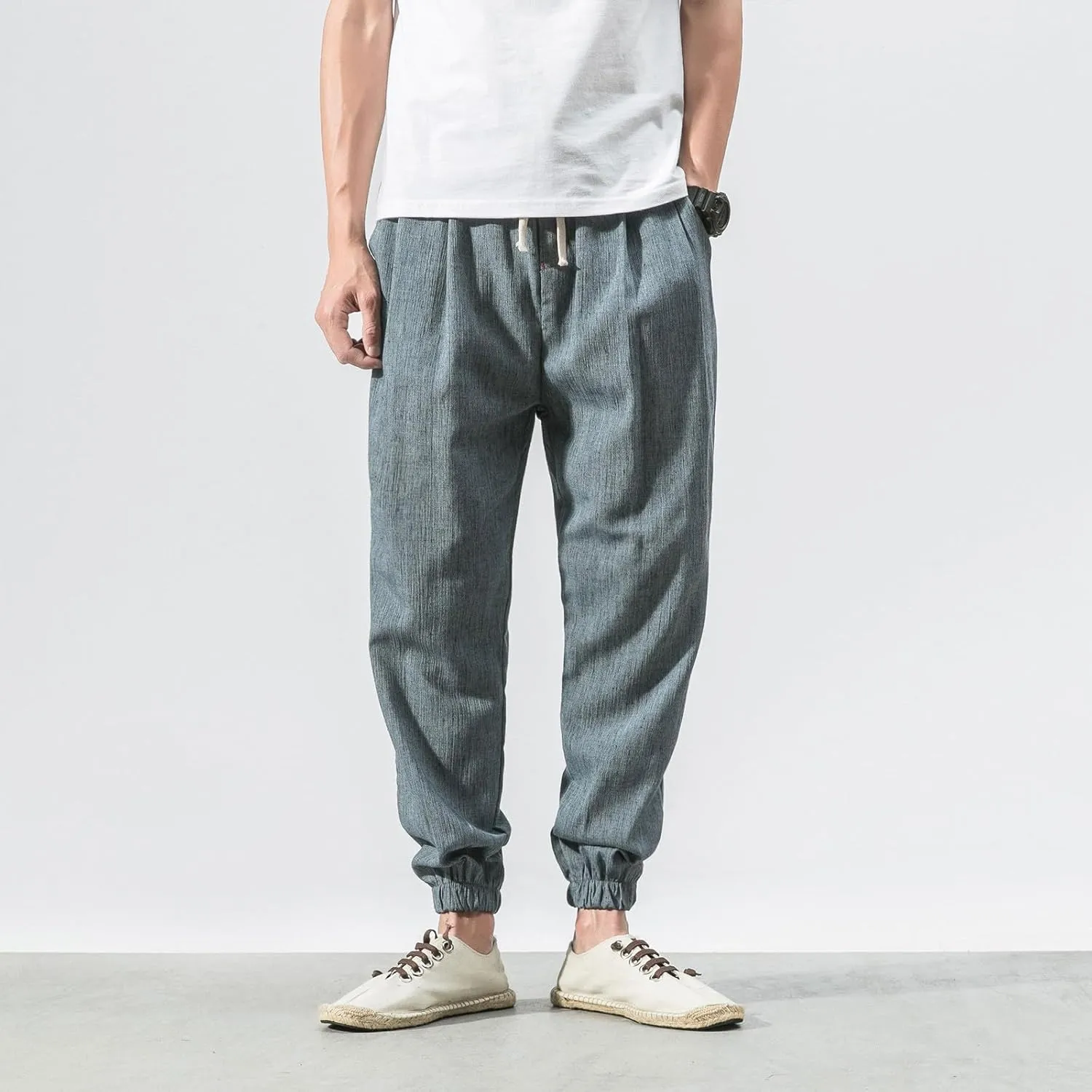 Mens Linen Pants Casual Pants Relaxed-Fit Beach Pants Summer Yoga Pants Soft Elastic Waist Pants
