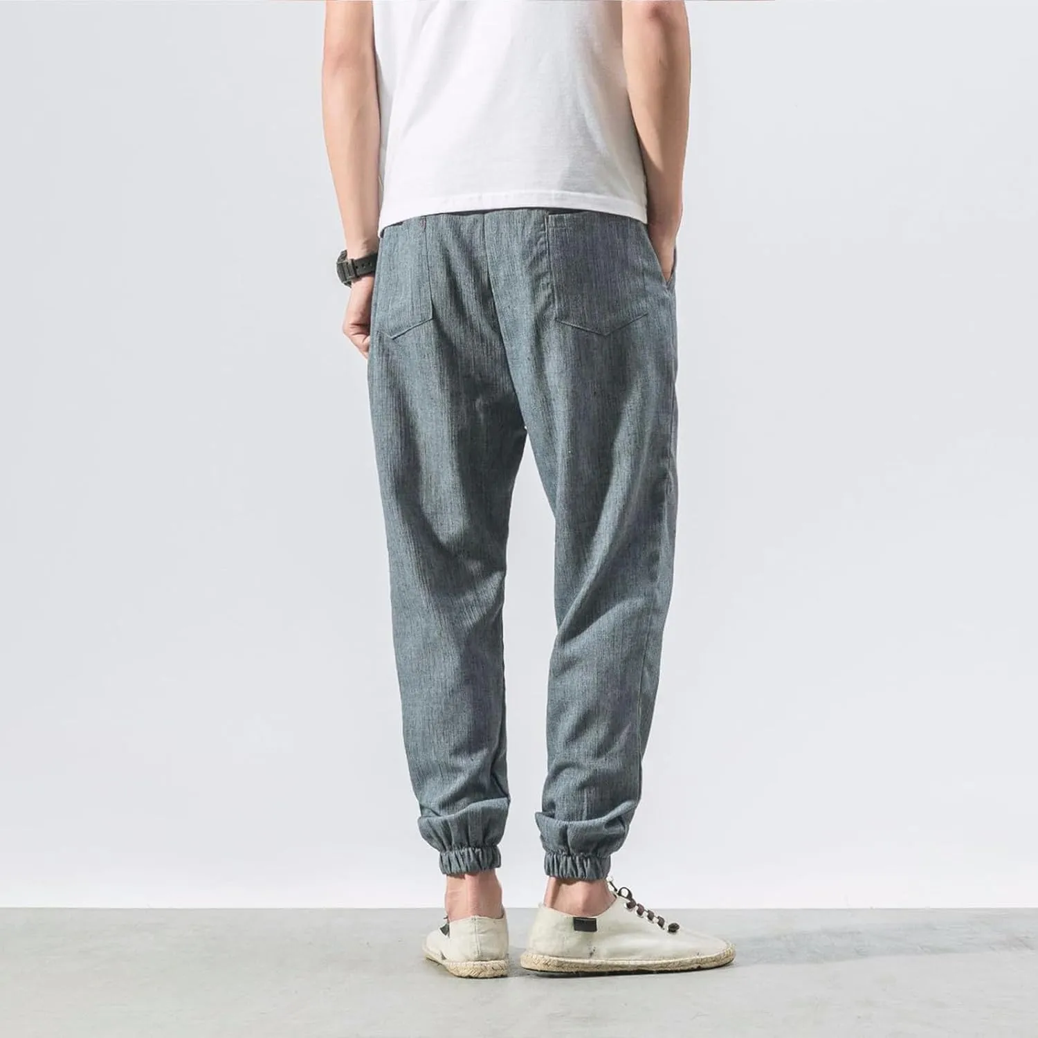 Mens Linen Pants Casual Pants Relaxed-Fit Beach Pants Summer Yoga Pants Soft Elastic Waist Pants