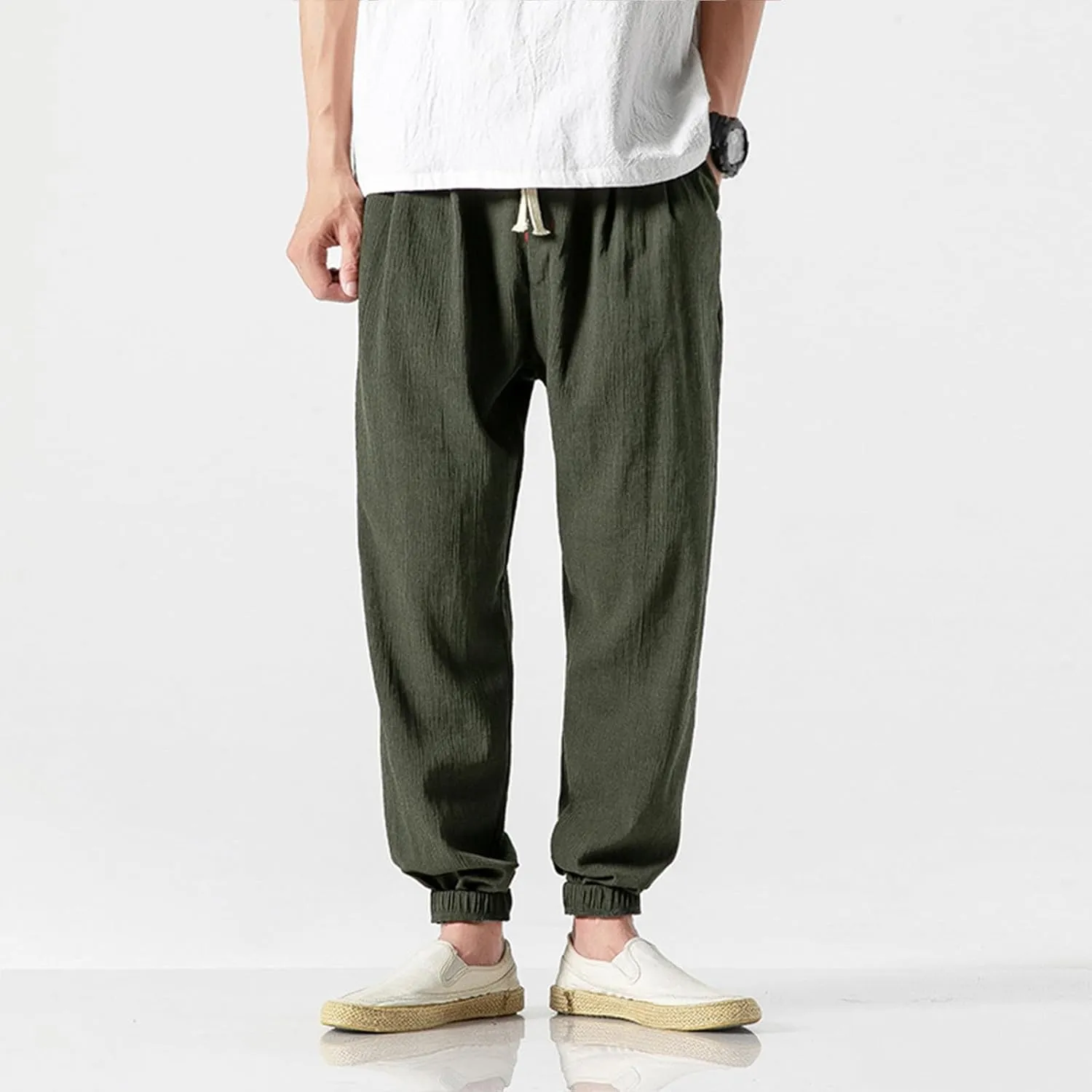 Mens Linen Pants Casual Pants Relaxed-Fit Beach Pants Summer Yoga Pants Soft Elastic Waist Pants
