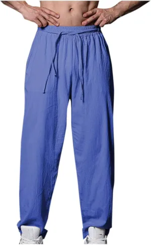 Men's Linen Pants Solid Color Elastic Waist Pants Relaxed Drawstring Pants Active Chinos Pants Comfy Joggers Pants