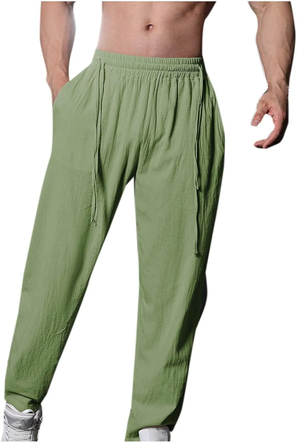 Men's Linen Pants Solid Color Elastic Waist Pants Relaxed Drawstring Pants Active Chinos Pants Comfy Joggers Pants