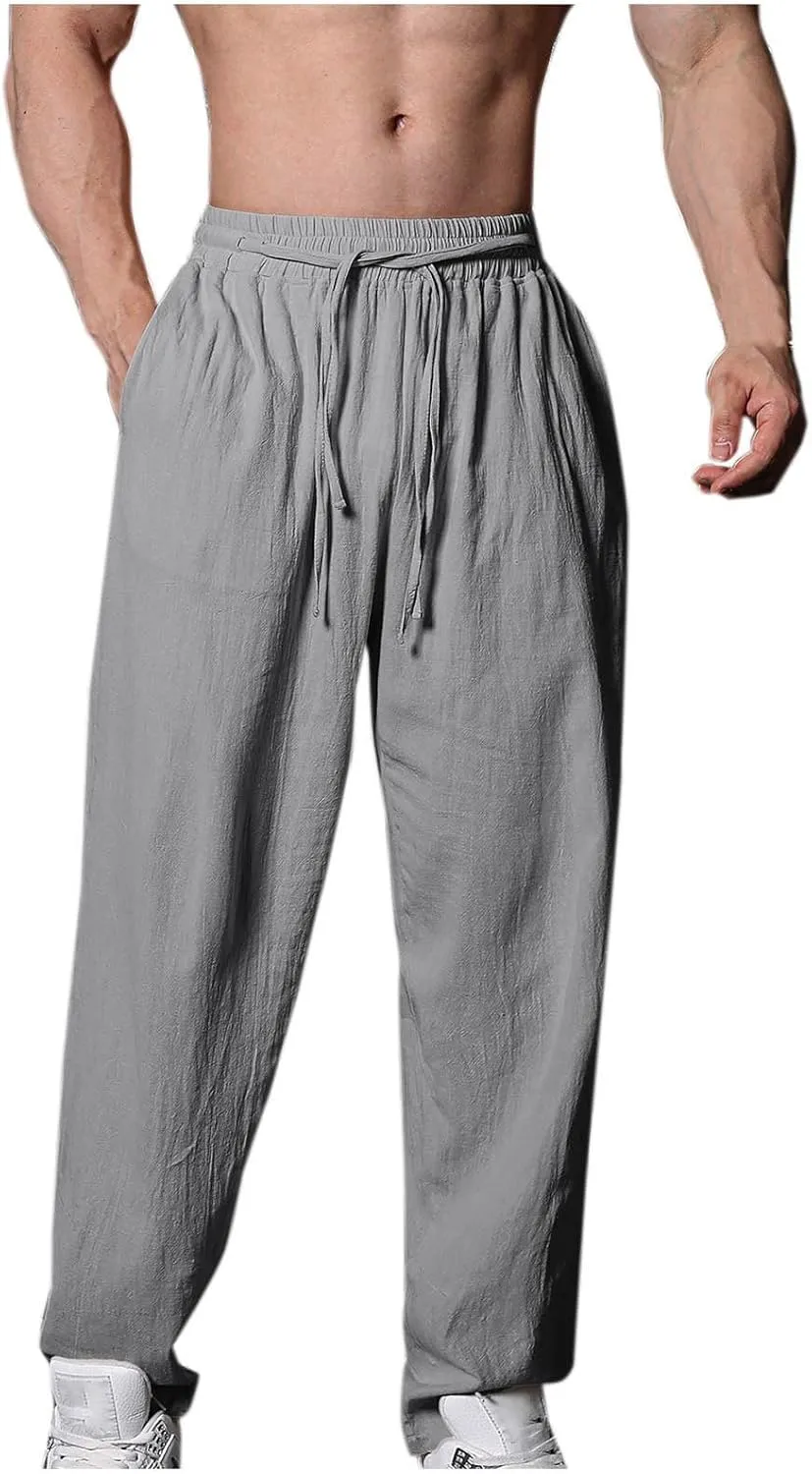 Men's Linen Pants Solid Color Elastic Waist Pants Relaxed Drawstring Pants Active Chinos Pants Comfy Joggers Pants