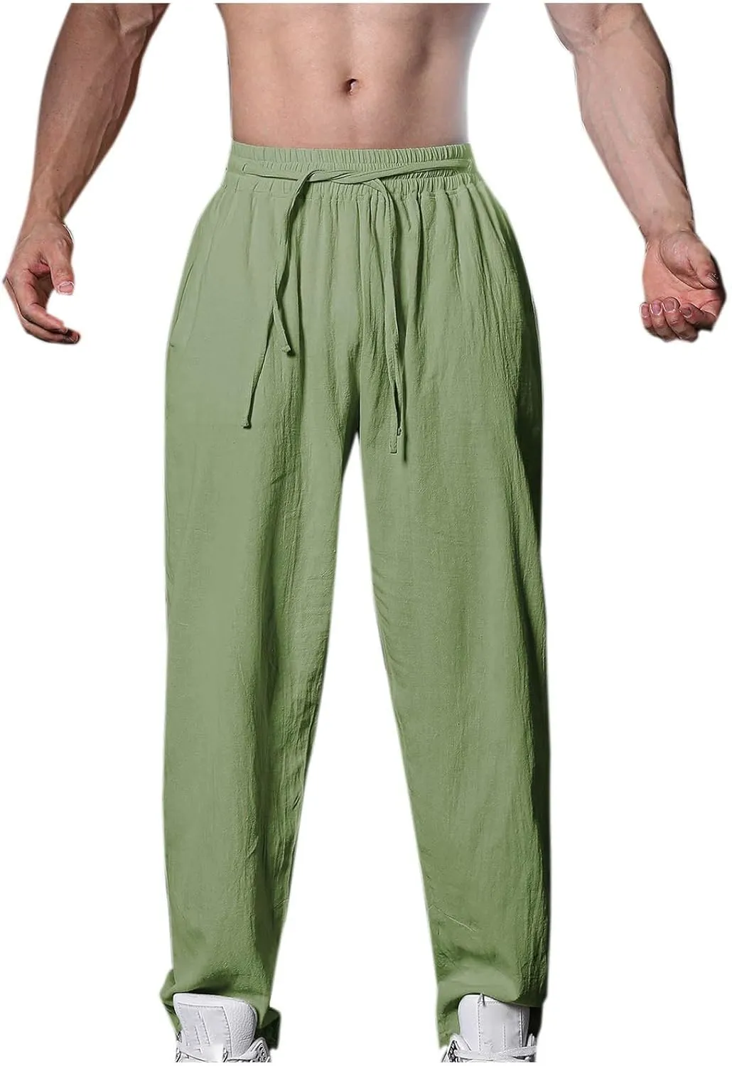 Men's Linen Pants Solid Color Elastic Waist Pants Relaxed Drawstring Pants Active Chinos Pants Comfy Joggers Pants