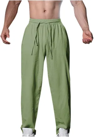 Men's Linen Pants Solid Color Elastic Waist Pants Relaxed Drawstring Pants Active Chinos Pants Comfy Joggers Pants