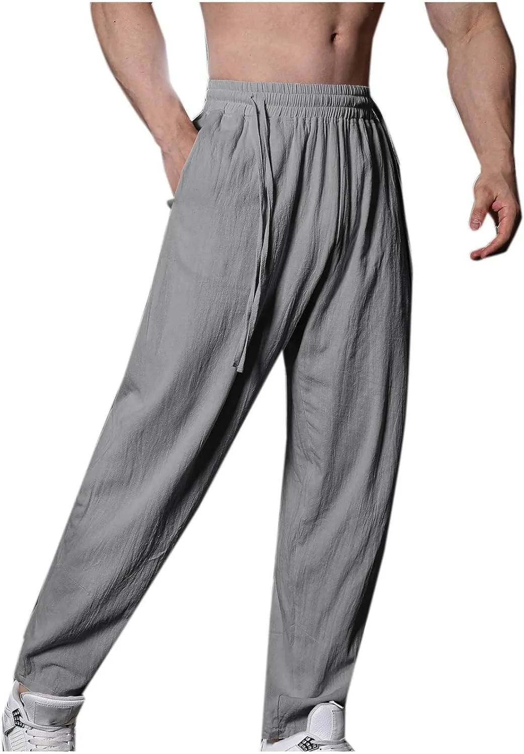 Men's Linen Pants Solid Color Elastic Waist Pants Relaxed Drawstring Pants Active Chinos Pants Comfy Joggers Pants