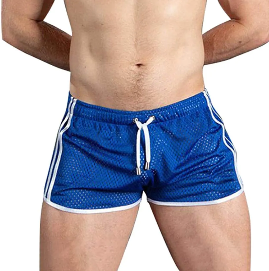Men's Mesh Quick-Drying Booty Shorts, Sexy Side Split Drawstring Elastic Waist Workout Running Breathable Swim Trunks