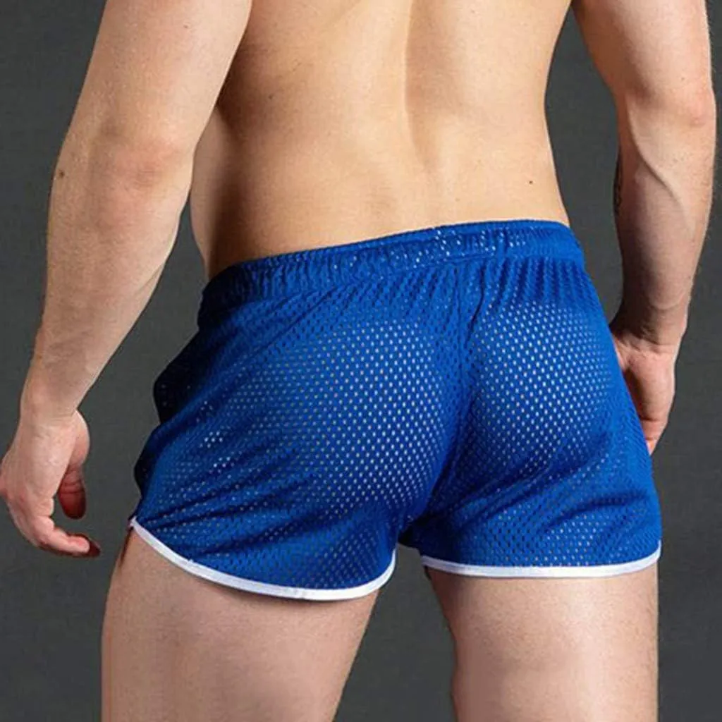 Men's Mesh Quick-Drying Booty Shorts, Sexy Side Split Drawstring Elastic Waist Workout Running Breathable Swim Trunks