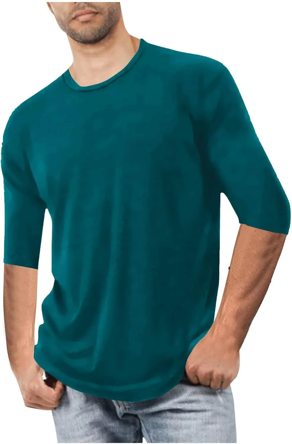 Mens Plus Size Solid Color T-Shirts Casual Crewneck 3/4 Sleeve Shirts 2025 Summer Tops Basic Pullover Workout Tees
