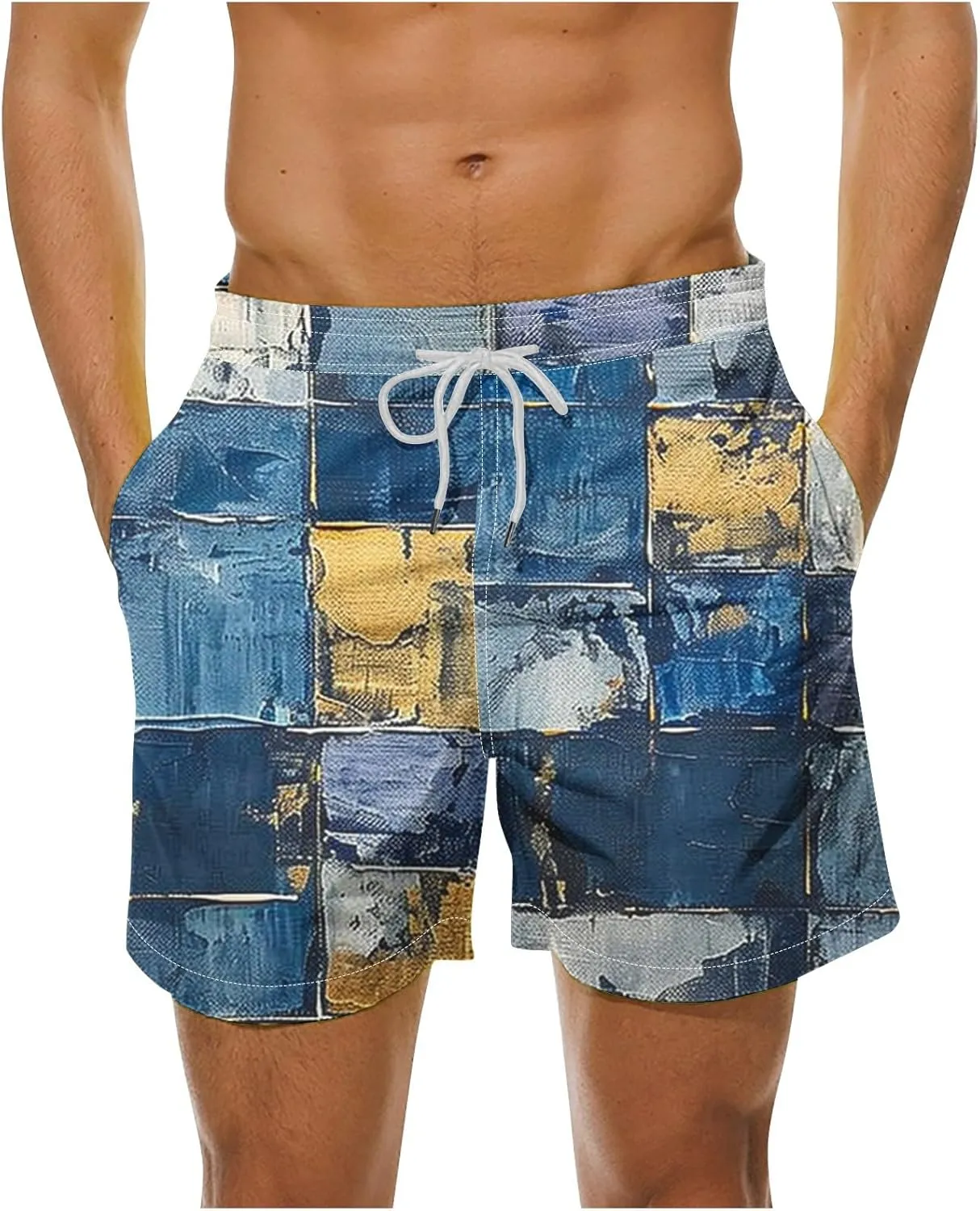 Mens Shorts Summer Casual Beach Shorts Lightweight Elastic Waist Drawstring Board Shorts Patch Plaid Print Swim Shorts