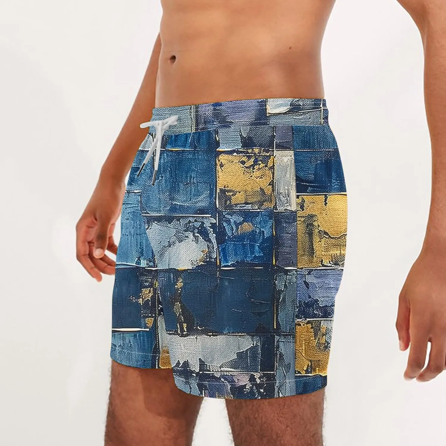 Mens Shorts Summer Casual Beach Shorts Lightweight Elastic Waist Drawstring Board Shorts Patch Plaid Print Swim Shorts