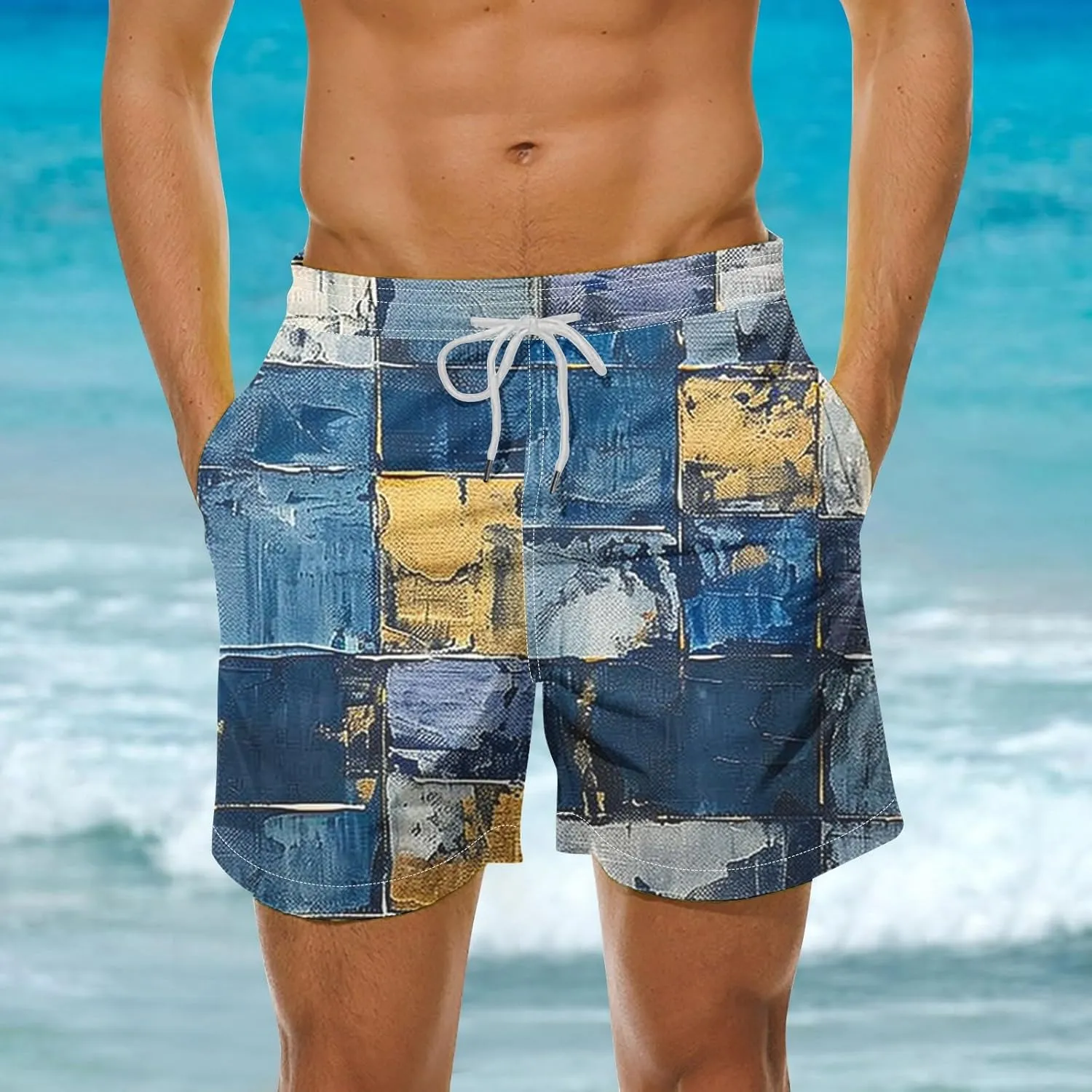 Mens Shorts Summer Casual Beach Shorts Lightweight Elastic Waist Drawstring Board Shorts Patch Plaid Print Swim Shorts