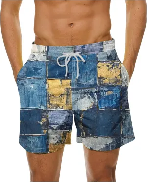 Mens Shorts Summer Casual Beach Shorts Lightweight Elastic Waist Drawstring Board Shorts Patch Plaid Print Swim Shorts