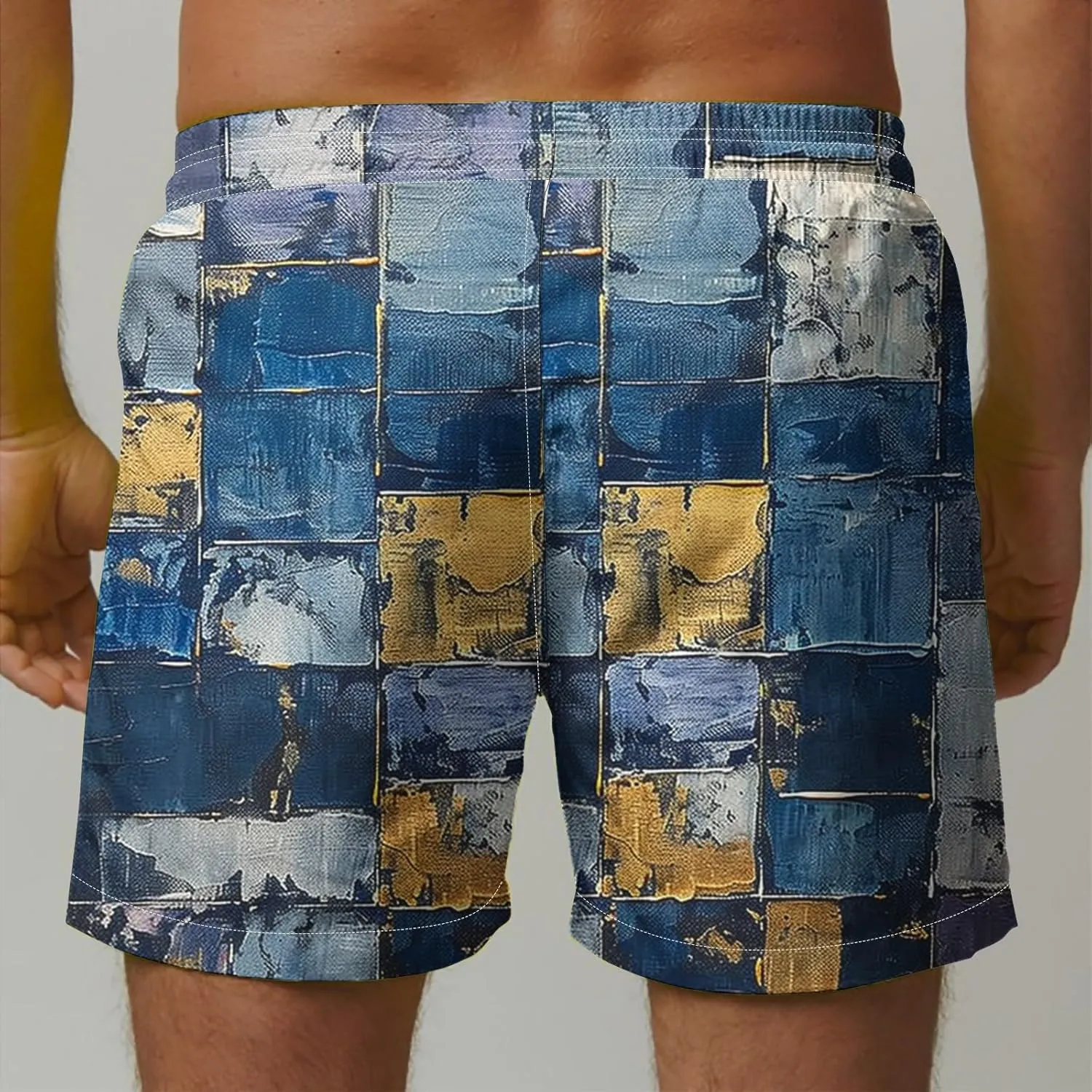 Mens Shorts Summer Casual Beach Shorts Lightweight Elastic Waist Drawstring Board Shorts Patch Plaid Print Swim Shorts