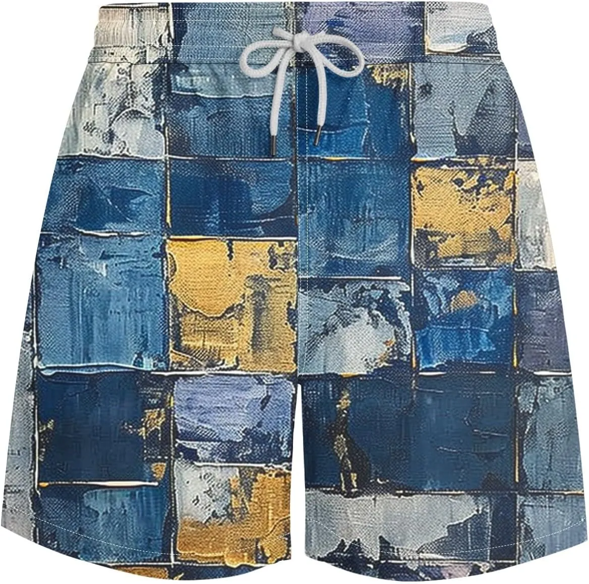 Mens Shorts Summer Casual Beach Shorts Lightweight Elastic Waist Drawstring Board Shorts Patch Plaid Print Swim Shorts