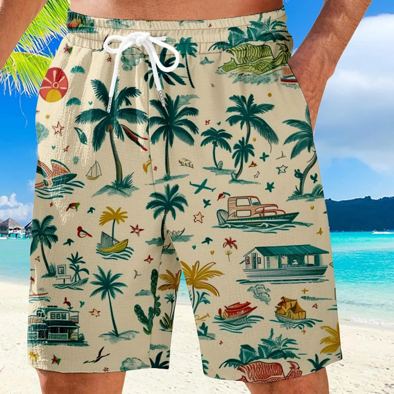Men's Swim Trunks Quick Dry Shorts Beach Summer Linen Print Elastic Waist Board Outfits Inseam Swimwear Bathing Suit