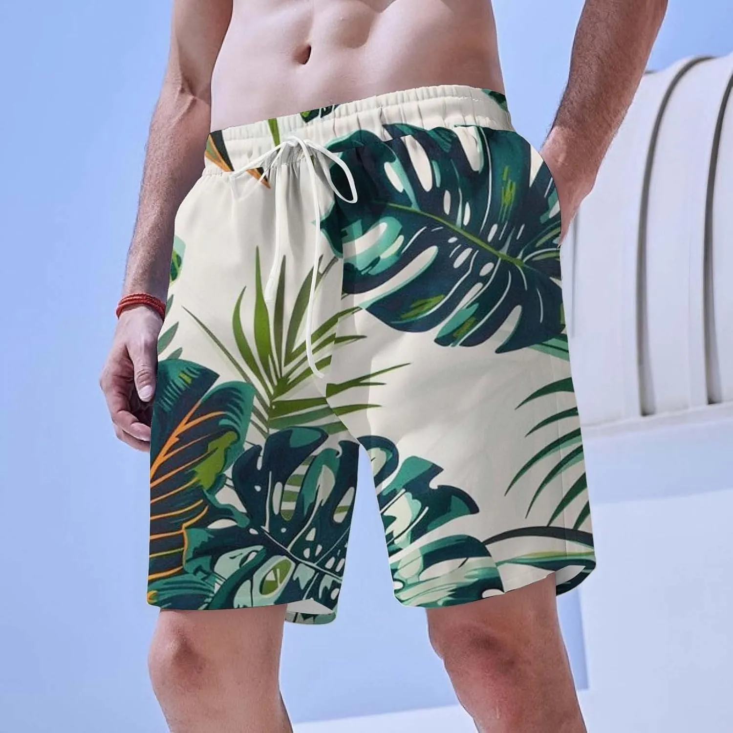 Men's Swim Trunks Quick Dry Shorts Beach Summer Linen Print Elastic Waist Board Outfits Inseam Swimwear Bathing Suit