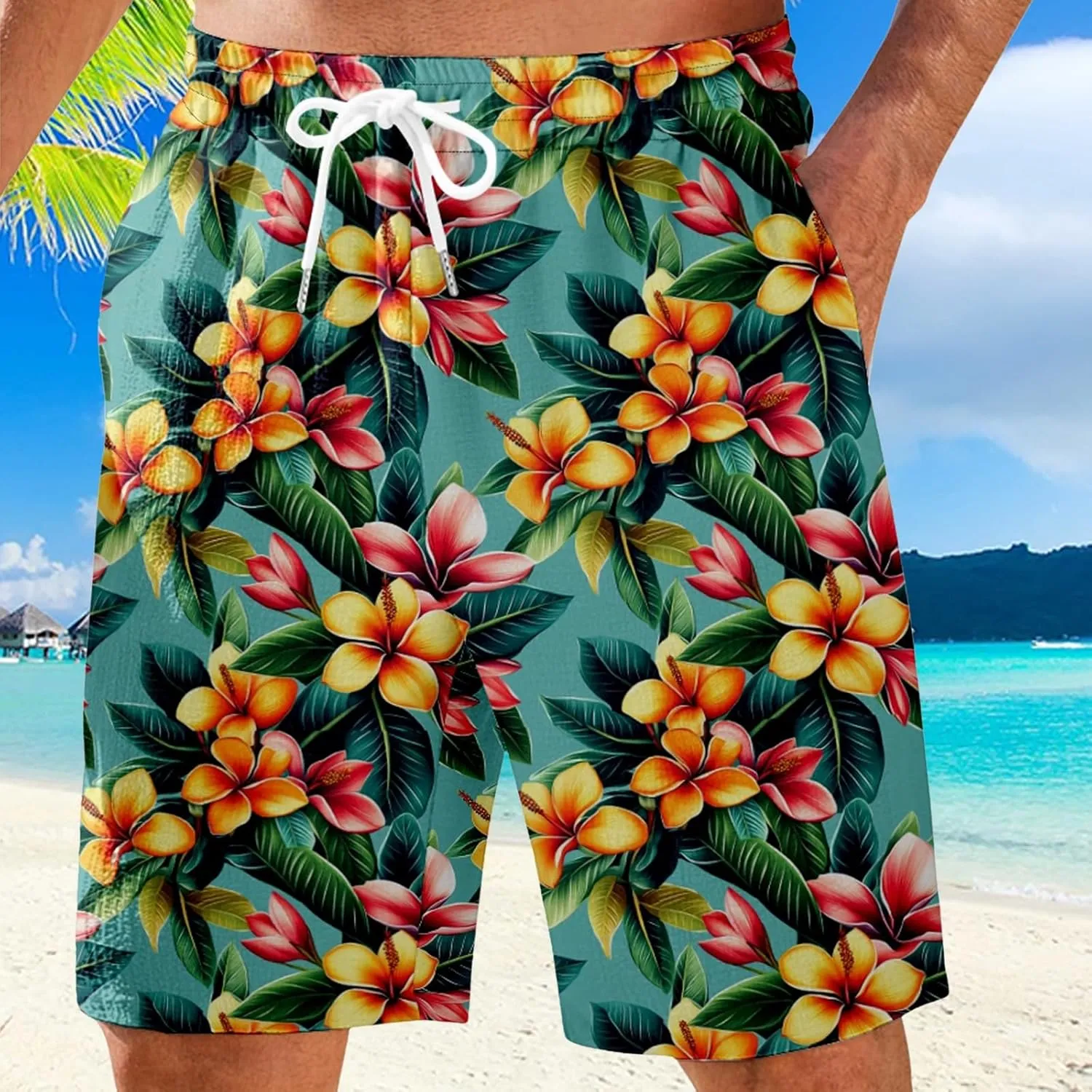 Men's Swim Trunks Quick Dry Shorts Beach Summer Linen Print Elastic Waist Board Outfits Inseam Swimwear Bathing Suit