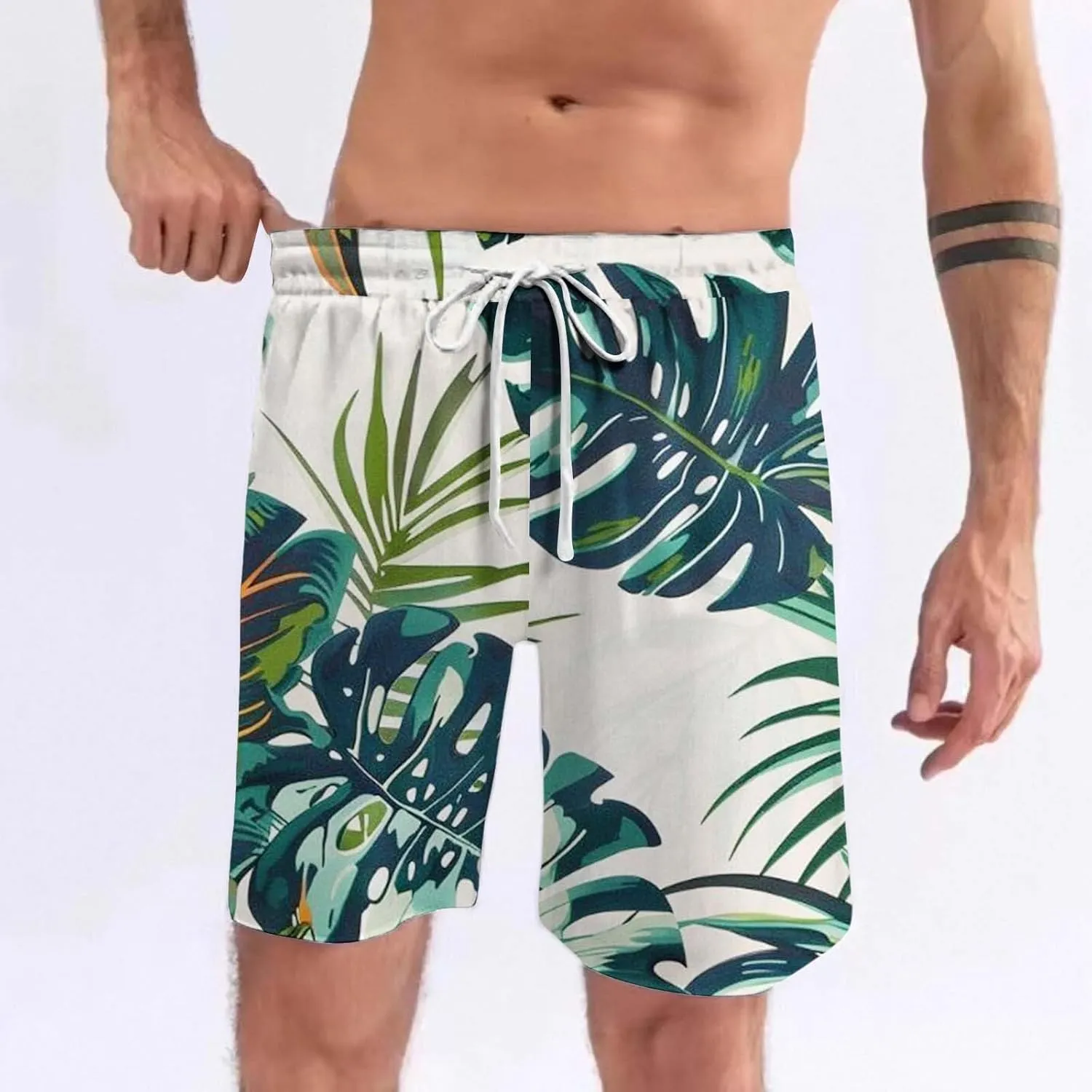 Men's Swim Trunks Quick Dry Shorts Beach Summer Linen Print Elastic Waist Board Outfits Inseam Swimwear Bathing Suit