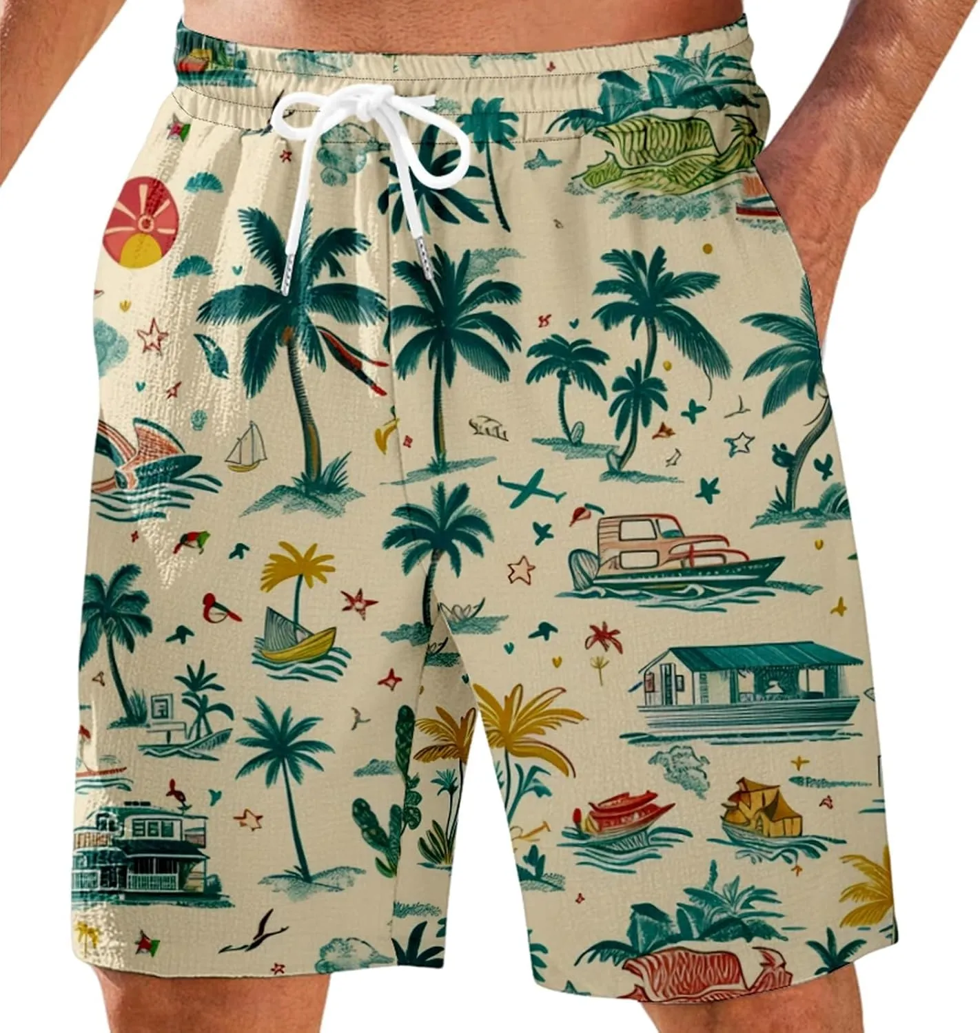 Men's Swim Trunks Quick Dry Shorts Beach Summer Linen Print Elastic Waist Board Outfits Inseam Swimwear Bathing Suit