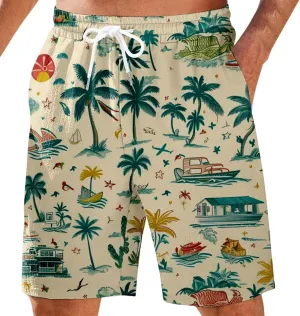 Men's Swim Trunks Quick Dry Shorts Beach Summer Linen Print Elastic Waist Board Outfits Inseam Swimwear Bathing Suit