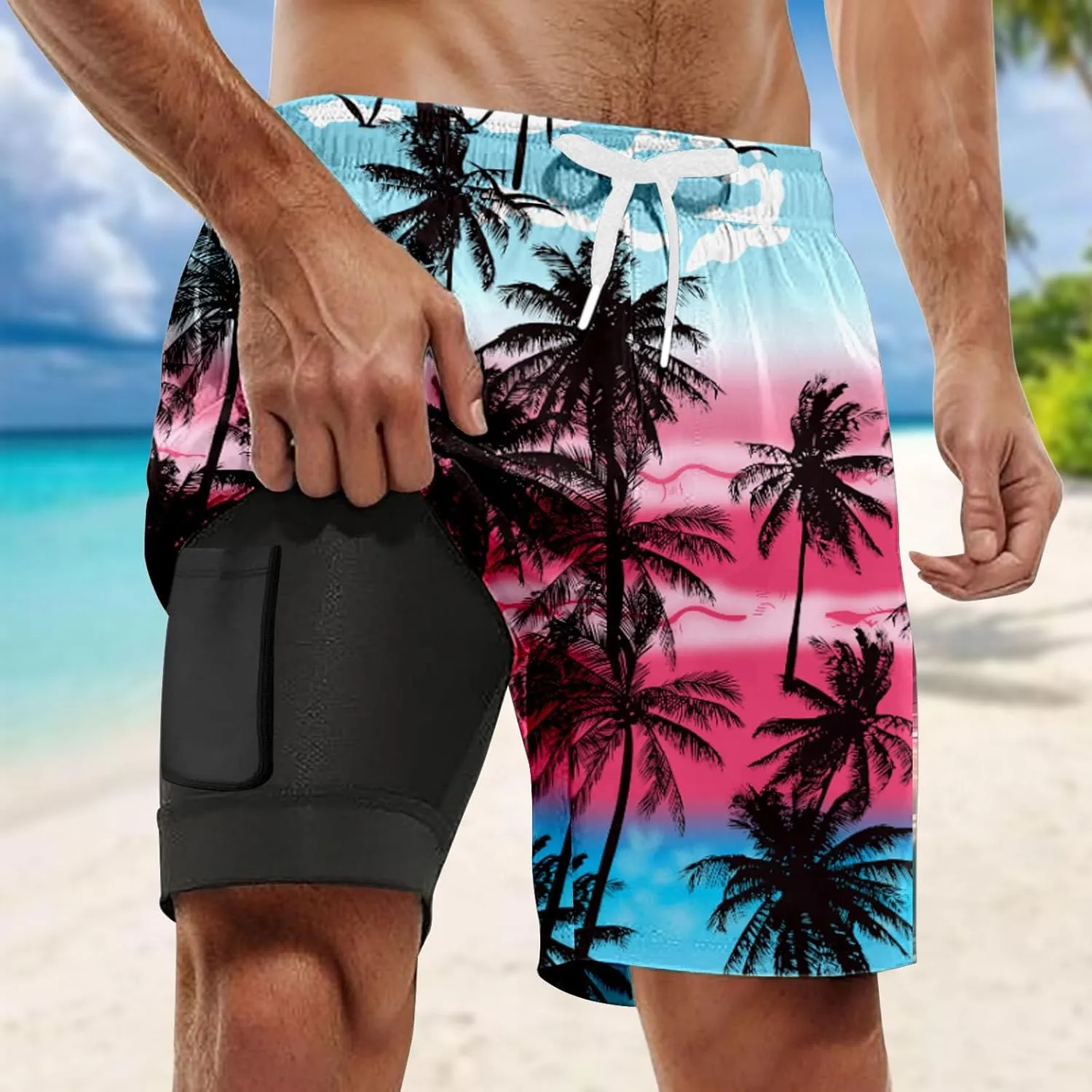 Mens Swim Trunks with Compression Liner Quick Dry Swimming Shorts 2025 Summer Beach Shorts with Pockets