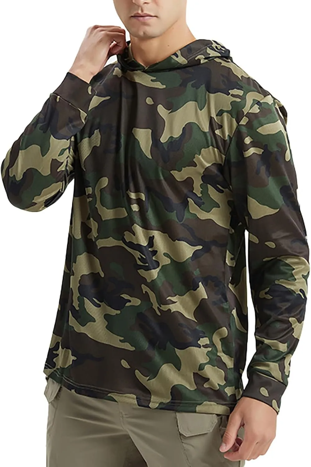 Mens UPF 50  Hoodie Rash Guard Sun Protection UV Shirt Tactical Camo Shirt Summer Long Sleeve Quick Dry Lightweight