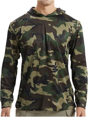 Mens UPF 50  Hoodie Rash Guard Sun Protection UV Shirt Tactical Camo Shirt Summer Long Sleeve Quick Dry Lightweight