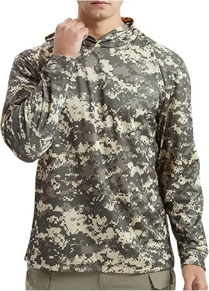 Mens UPF 50  Hoodie Rash Guard Sun Protection UV Shirt Tactical Camo Shirt Summer Long Sleeve Quick Dry Lightweight