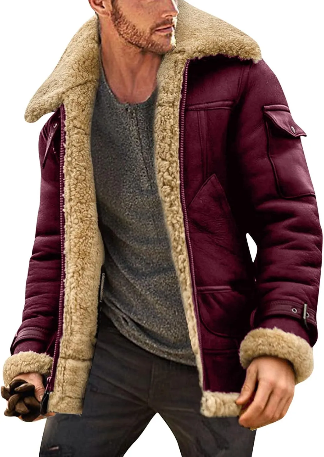 Men's Winter Wool Fit Solid Warm Coat Sherpa Lined Leather Jacket Coats Fleece Jacket