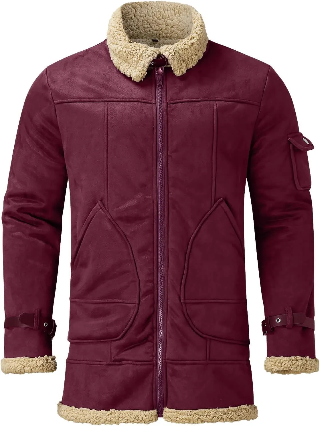 Men's Winter Wool Fit Solid Warm Coat Sherpa Lined Leather Jacket Coats Fleece Jacket