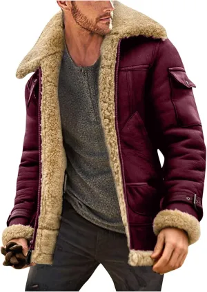 Men's Winter Wool Fit Solid Warm Coat Sherpa Lined Leather Jacket Coats Fleece Jacket