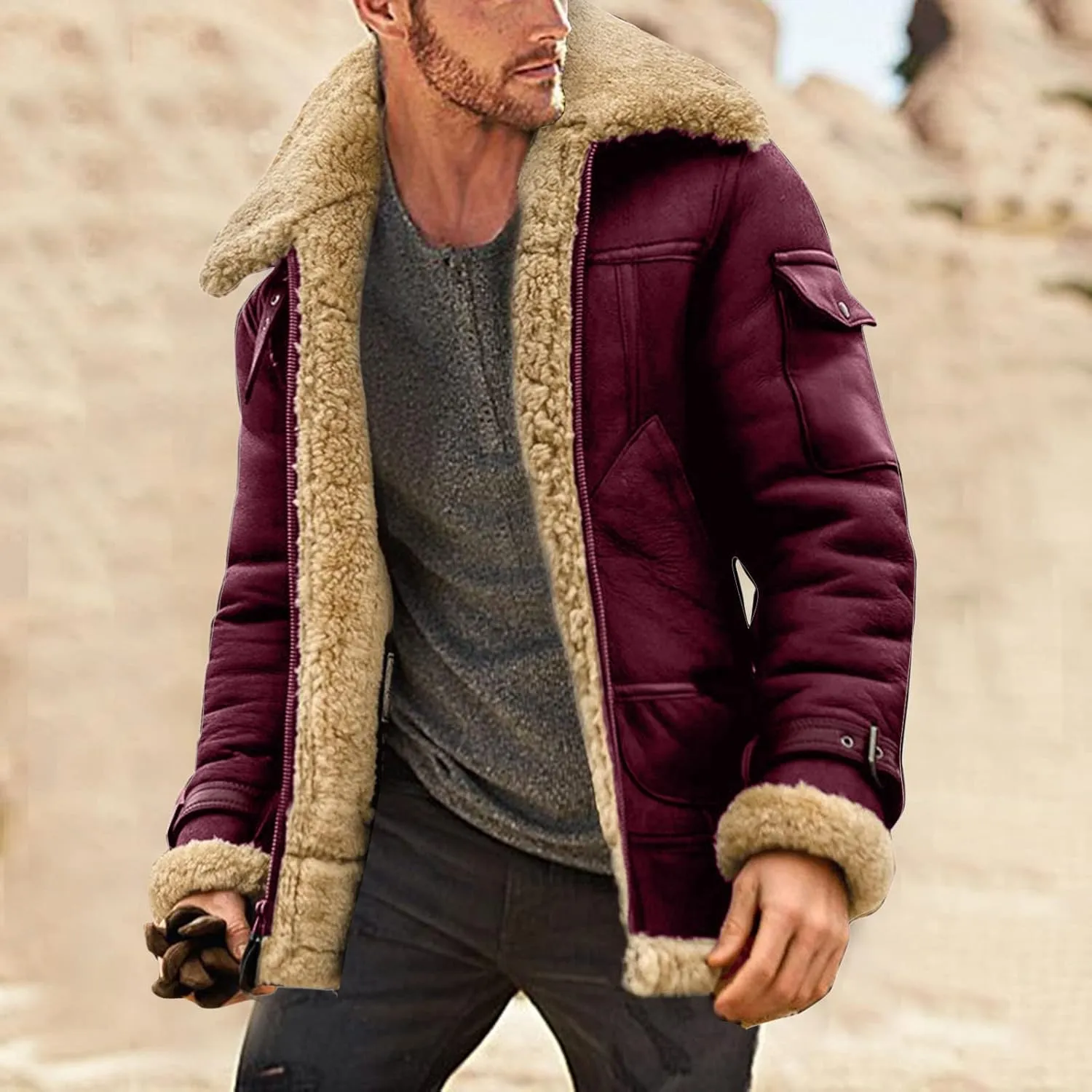 Men's Winter Wool Fit Solid Warm Coat Sherpa Lined Leather Jacket Coats Fleece Jacket