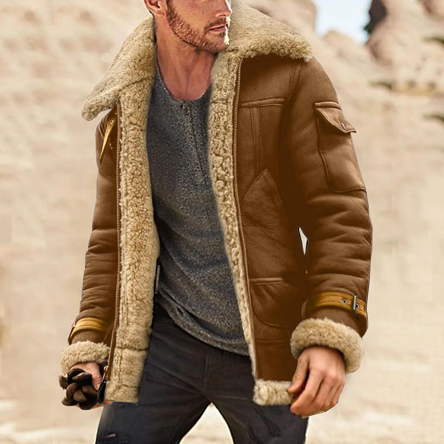 Men's Winter Wool Fit Solid Warm Coat Sherpa Lined Leather Jacket Coats Fleece Jacket