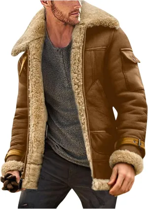 Men's Winter Wool Fit Solid Warm Coat Sherpa Lined Leather Jacket Coats Fleece Jacket