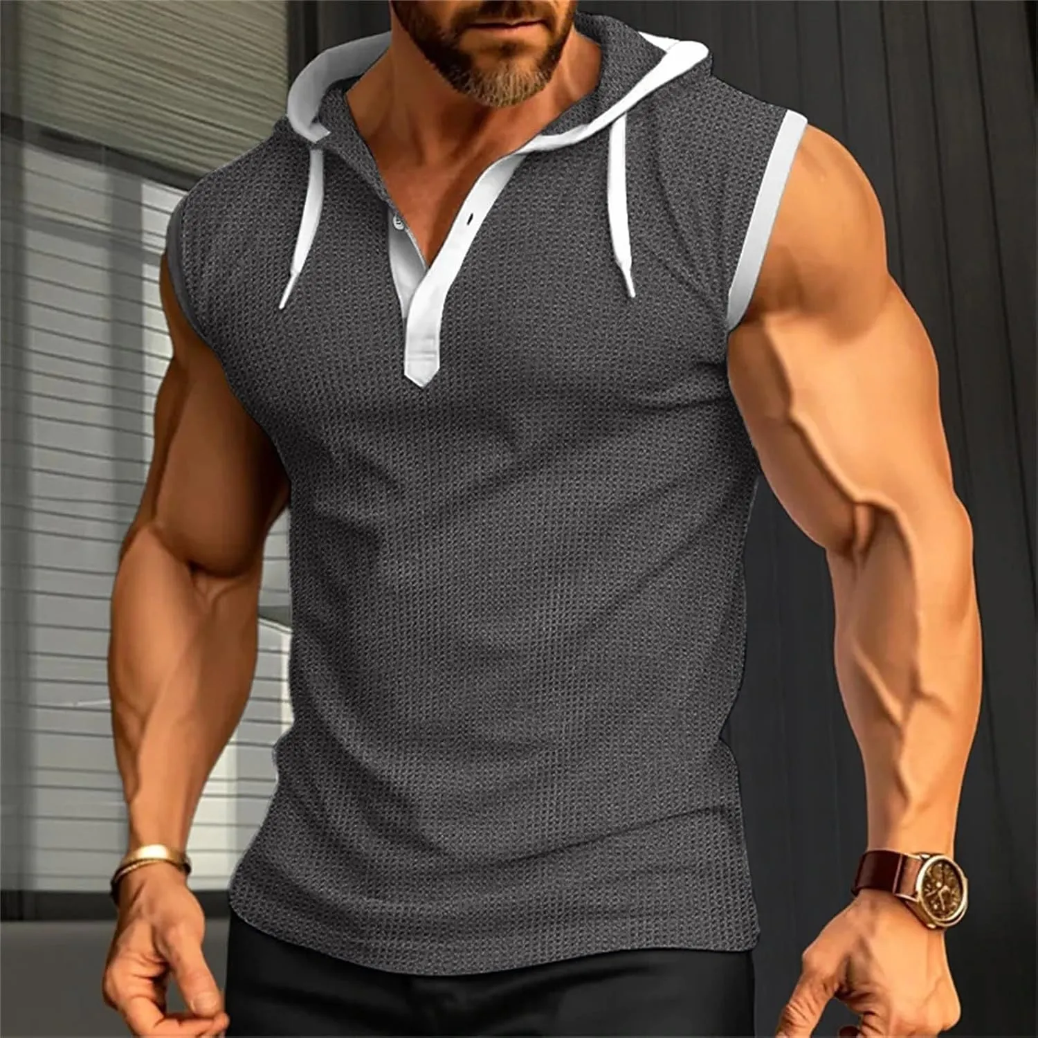 Men's Zip Up Hoodie Shirt Workout Cotton Fleece Cut Off Sleeveless Sweatshirt Tank Pockets Drawstring Solid Sport Tops