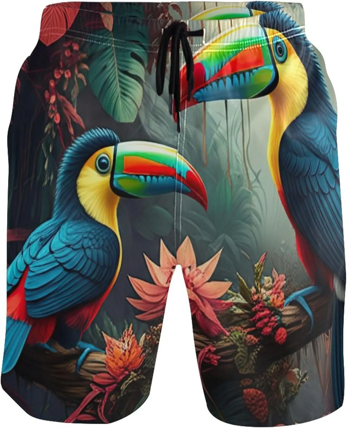 Personalized Swim Trunks Men Cute Toucans Image Wild Flowers Men Swimming Trunks Elastic Waist Quick Dry S