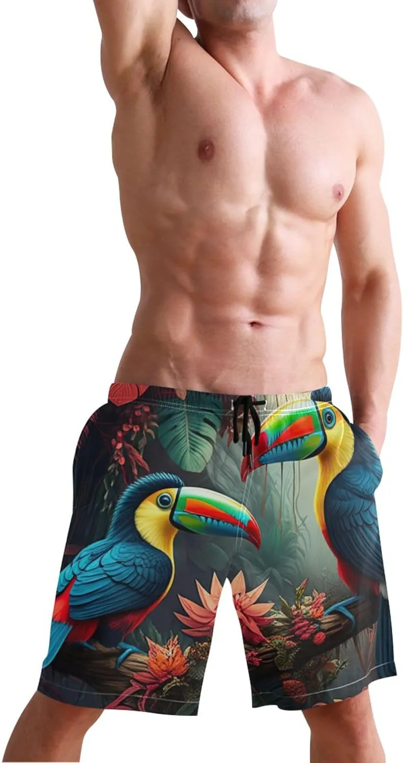 Personalized Swim Trunks Men Cute Toucans Image Wild Flowers Men Swimming Trunks Elastic Waist Quick Dry S