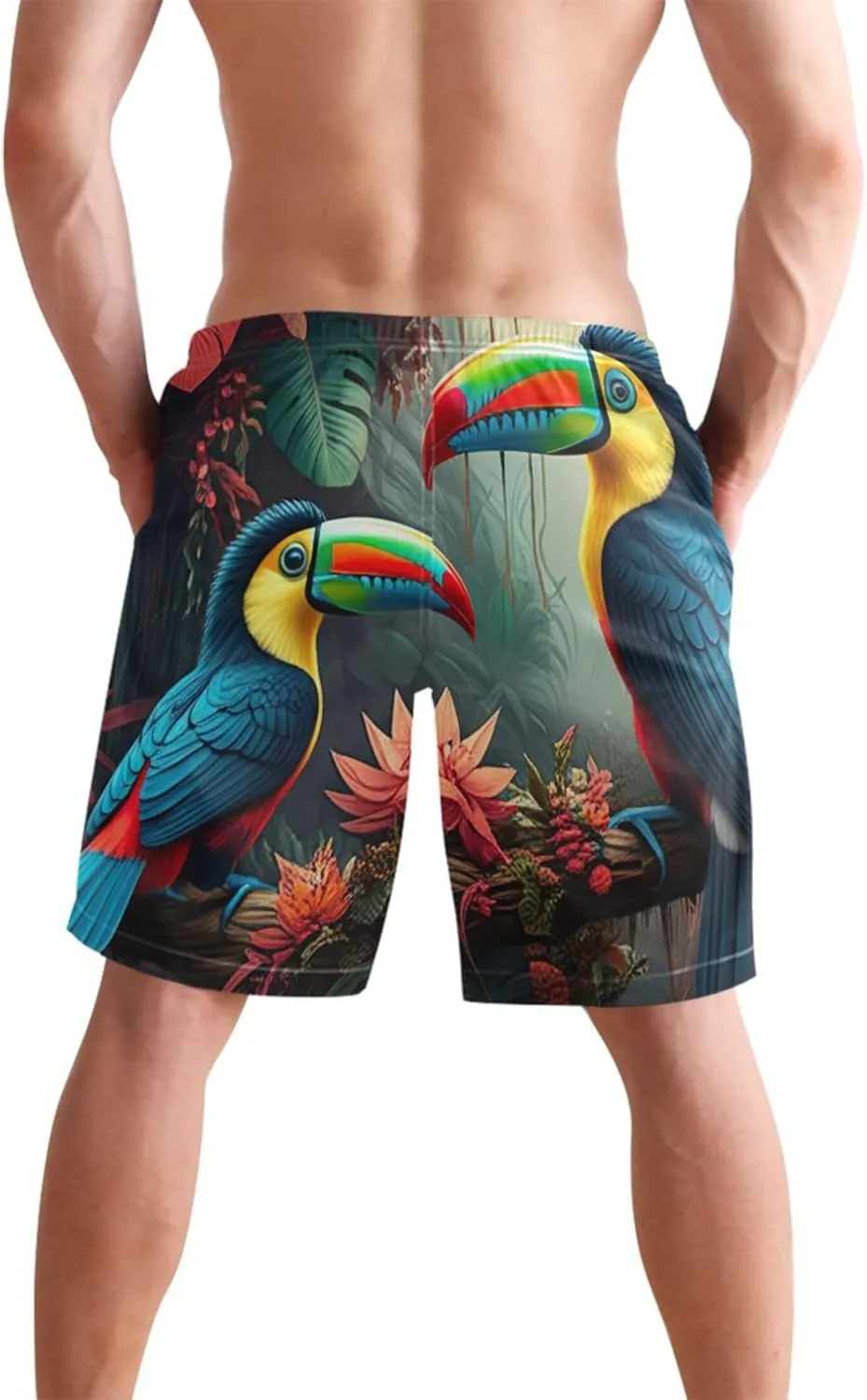 Personalized Swim Trunks Men Cute Toucans Image Wild Flowers Men Swimming Trunks Elastic Waist Quick Dry S