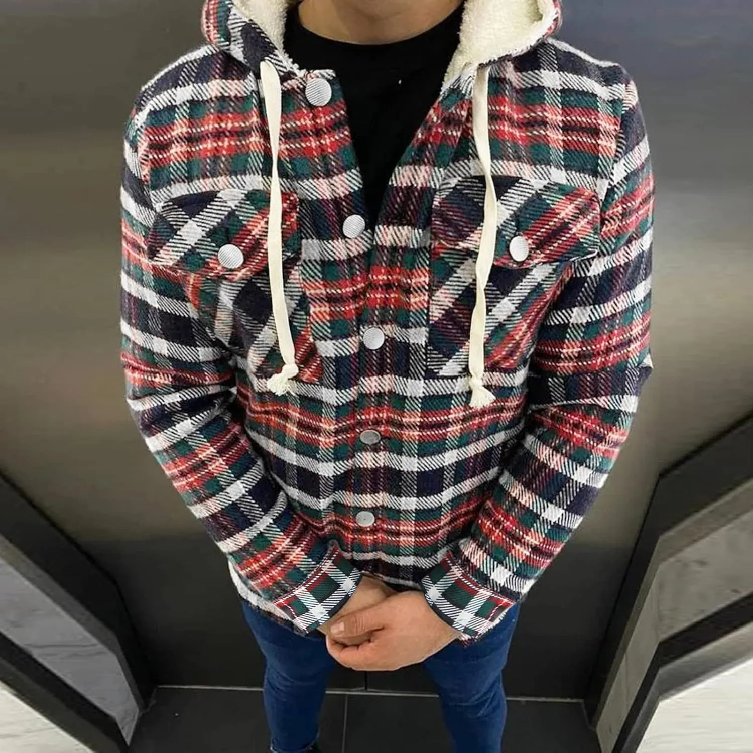 Plaid Hoodies Jackets for Men Regular Fit Long Sleeve Full-Zip Fleece Lined Casual Plaid Jacket Color Block Stitching